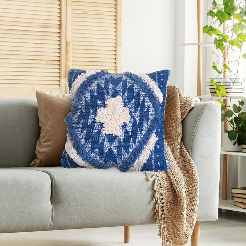 18 X 18 Shaggy Cotton Accent Throw Pillows, Southwest Aztec Pattern, Set of 2, Blue, White-Benzara image number 2