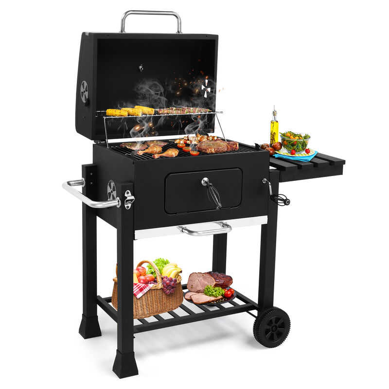 Charcoal Grill with Foldable Side Table and Wheels, Portable Outdoor BBQ Grill for Backyard Cooking