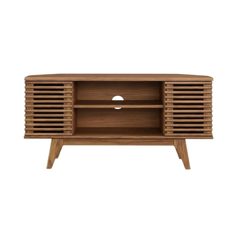 Brown wooden 46-inch corner TV stand with open shelving and versatile design image number 1