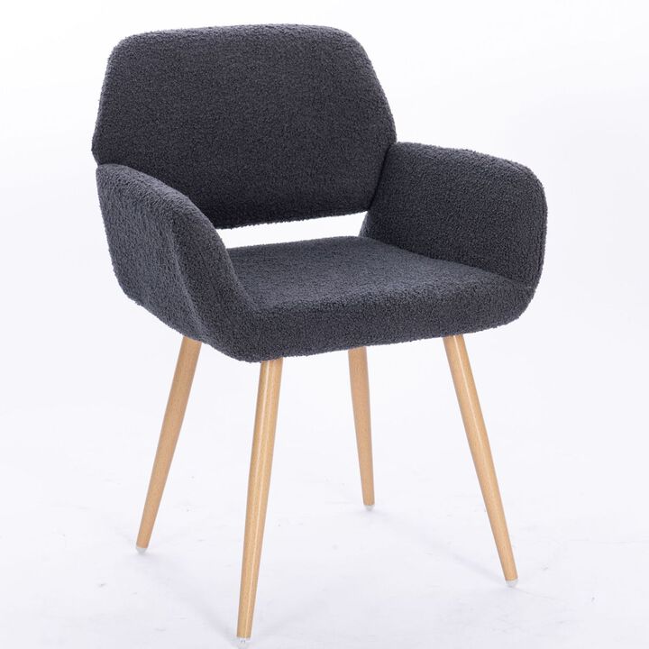 Teddy Fabric Upholstered Side Dining Chair with Metal Leg(Dark grey teddy fabric+Beech Wooden Printing Leg),KD backrest