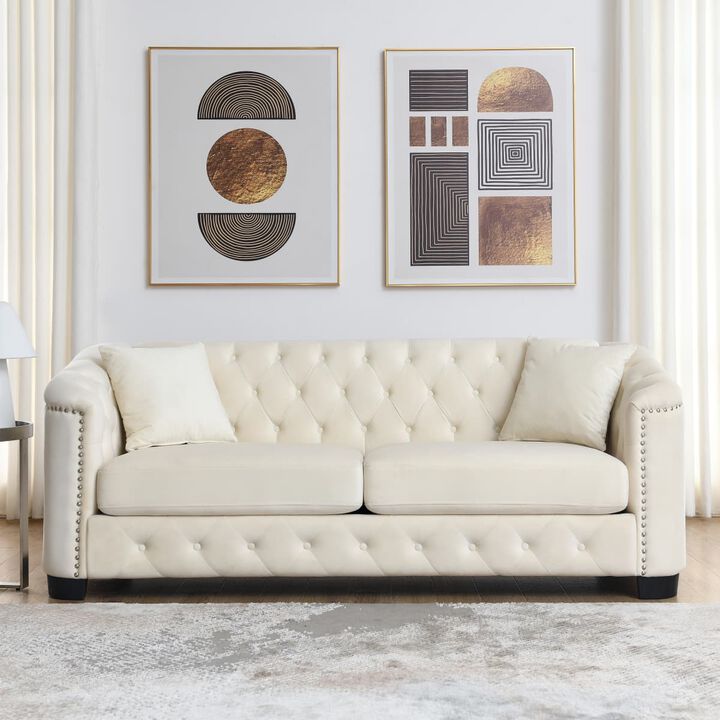 77 Inch Velvet Chesterfield Sofa, Button Tufted 3 Seater Sofa with Rolled Arms and Nailhead Trim, Upholstered Sofa with 2 Pillows