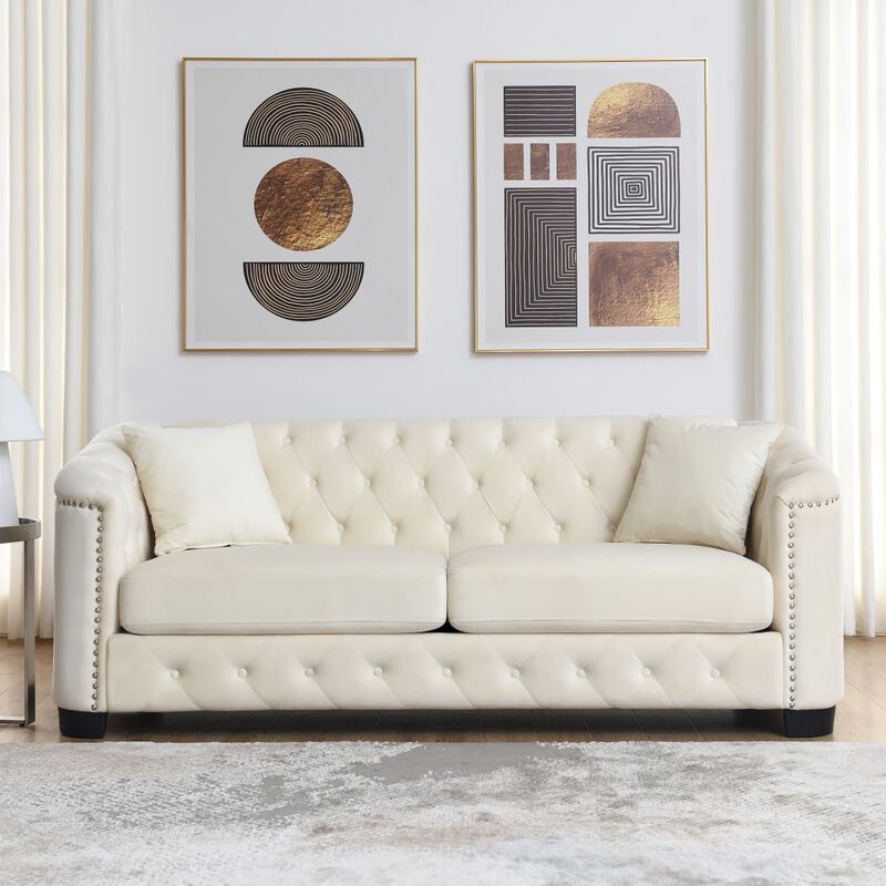 Velvet Chesterfield Sofa Set, Button Tufted Deep Seat Sofa Set with Nailhead Trim, Padded Armrest Couch Set with Throw Pillows image number 4