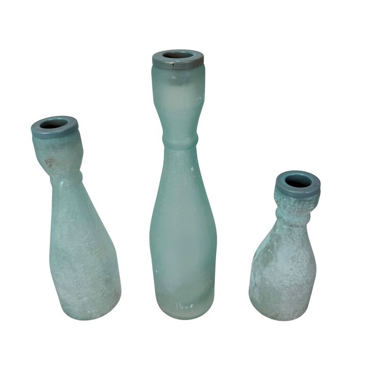 Frosted Glass Taper Candle Holder Set Of 3, Tallest 10 In Blue-Green