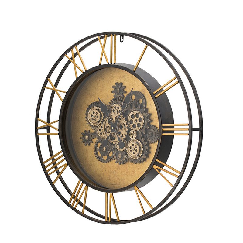 28 Inch Hanging Wall Clock, Round Gear Design, Gold and Black Iron Frame - Benzara