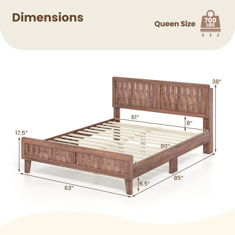 Wooden Bed Frame with Woven Accent Headboard for Modern Bedroom-Walnut image number 2