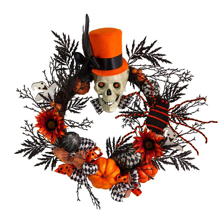 HomPlanti 30" Spider and Skull with Top Hat Halloween Wreath
