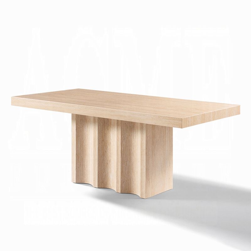Pia Dining Table, 71 Inch Travertine Top, Fluted Pedestal Base, Brown image number 4