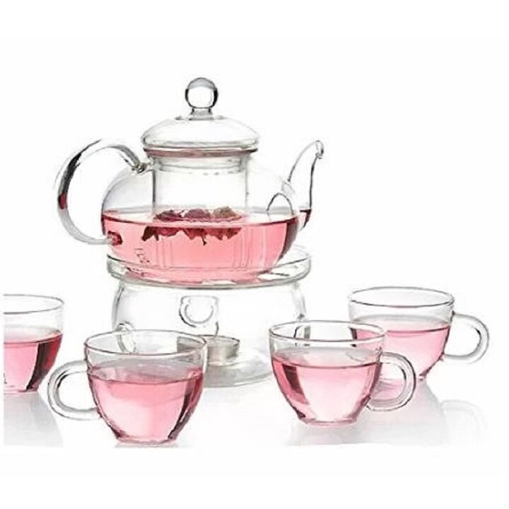 Modern Glass Teapot Set 6-Piece Borosilicate with 4 Cups, Tea Warmer & Fine Mesh Infuser