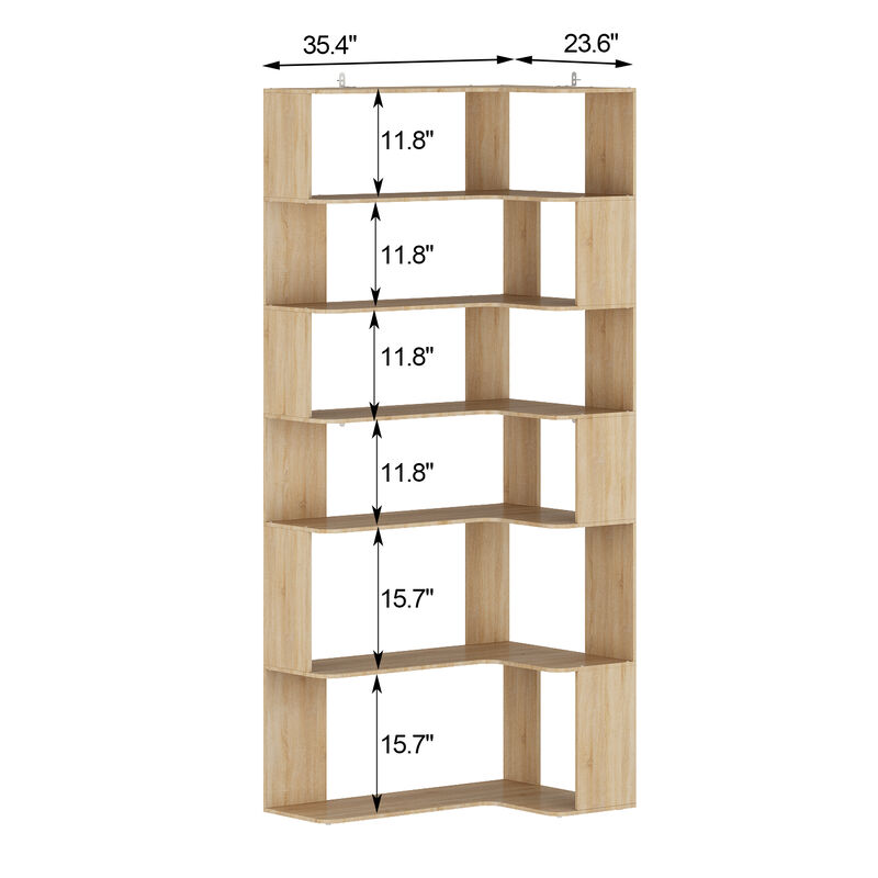 35.4 in. Wide Bright Wood Grain 7-Shelves Accent Bookcase, Open Back Bookshelf, Corner Bookcase (82 in. H x 23.6 in. D)