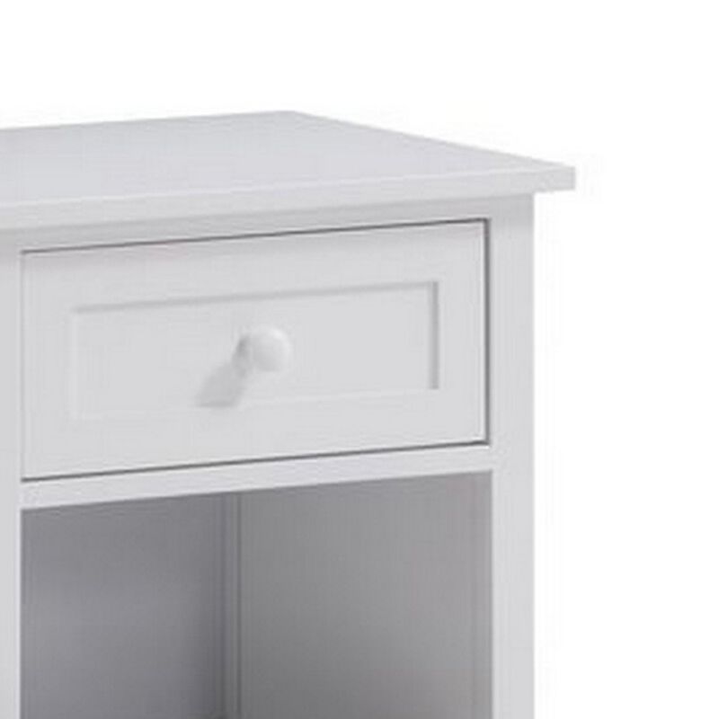 Mio 24 Inch Single Drawer Nightstand, Solid Wood, Open Shelf, Glossy White-Benzara