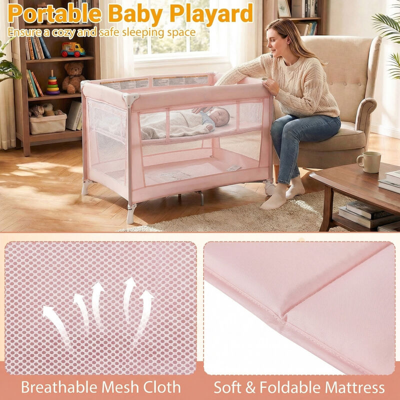 Folding Baby Playard with Soft Mattress and Portable Travel Crib for Infants image number 5