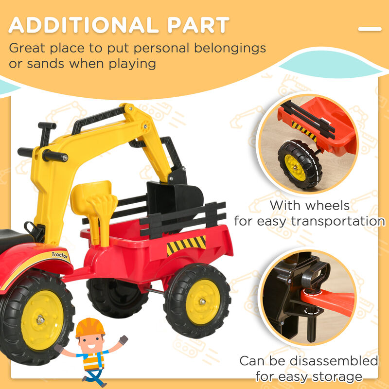 BreeBe 3 in1 Kids Ride On Bulldozer Excavator Toy with 6 Wheels Controllable Cargo Trailer Easy Pedal Controls image number 6