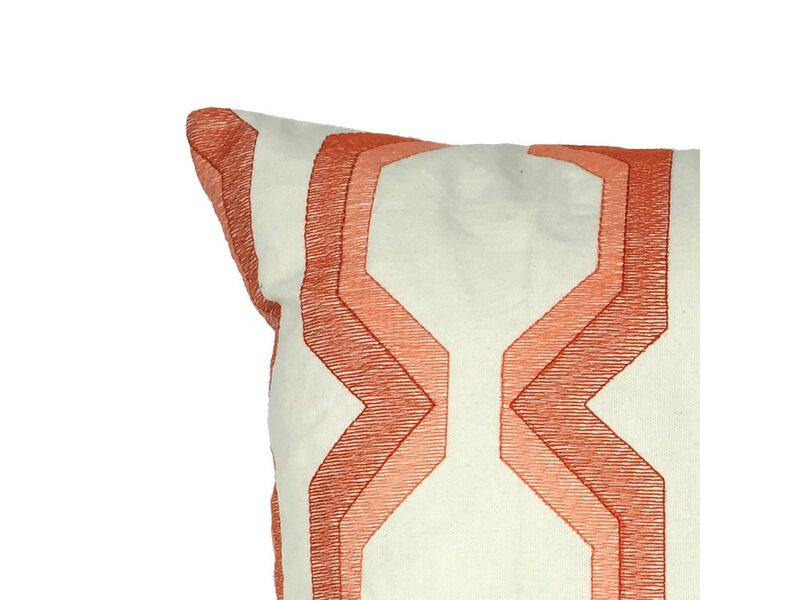 Contemporary Cotton Pillow with Geometric Embroidery, Red and White - Benzara