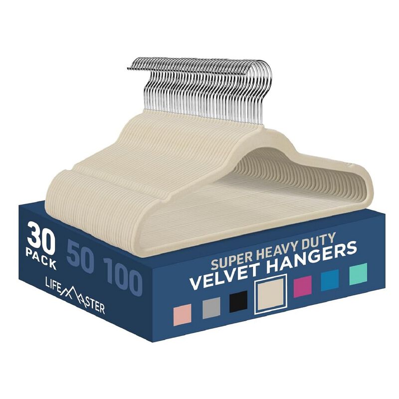 Velvet Non-Slip Hangers - 30 Pieces Non-slip Coat Hanger Set with 360&deg; Swivel Hook, Space-Saving, Sleek Design, Keep Closet Organized, Smooth Velvet Finish, Lightweight Construction - Ivory