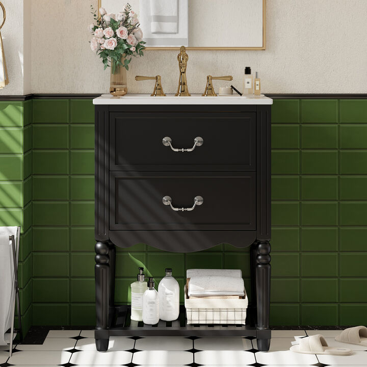 ELEMENT ACE 24 Inch Bathroom Vanity with Ceramic Sink, Bathroom Storage Cabinet with Two Soft-Close Drawers and Open Shelf, Vintage Elegant Wave Design for Bathroom Use