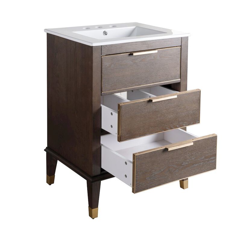 Hugo 24 in. Brown Oak Bathroom Vanity With White, 3-Hole Ceramic Sink Top image number 4