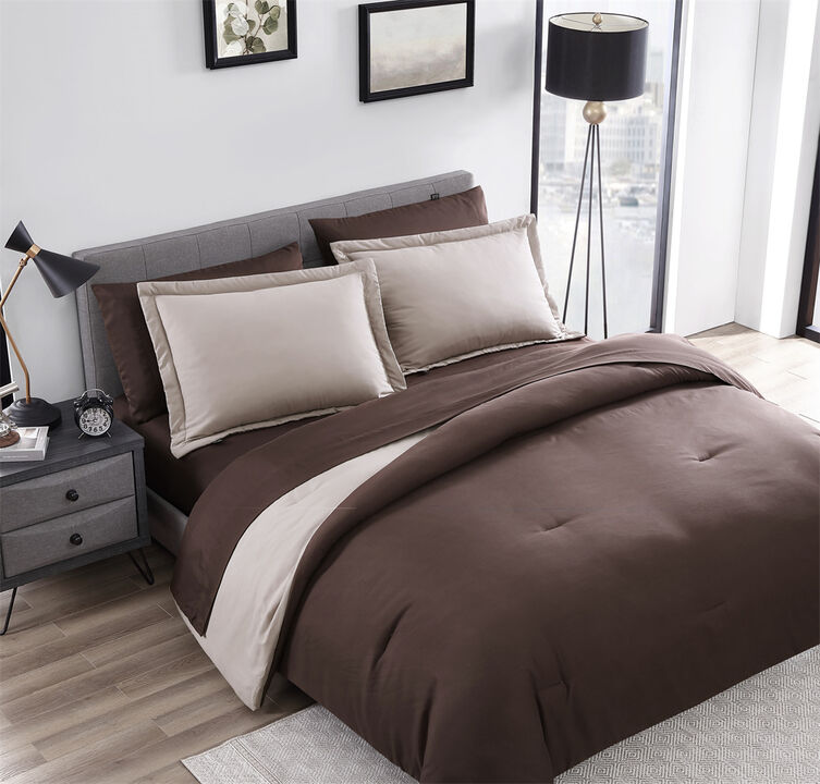 Chestnut Reversible 7 Piece bed in a bag Comforter Set Queen Khaki & Brown