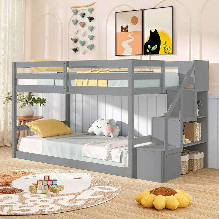 Solid Wood Twin Over Twin Low Bunk Bed with Storage Stairs