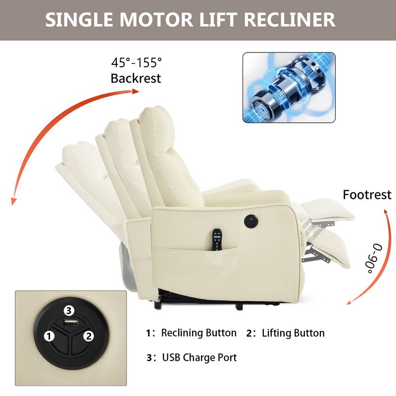 Faux Leather Power Lift Recliner Chair 155&deg; Recliner with Massage Heat & USB image number 5
