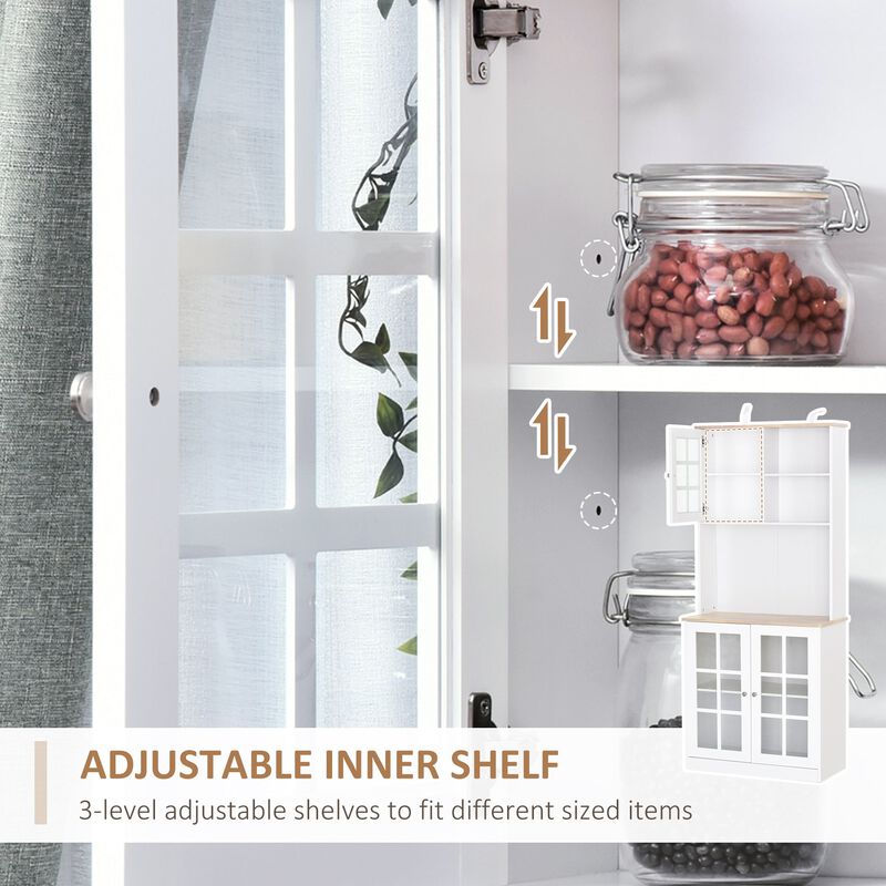 White Kitchen Tower: 72" Freestanding Pantry with Glass Doors & Shelves