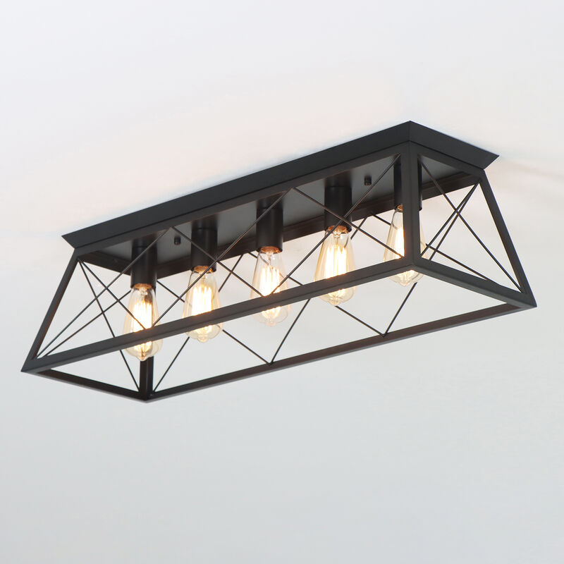 5-Light Flush Mount Lighting Rectangular Farmhouse Caged Low Ceiling Light image number 7