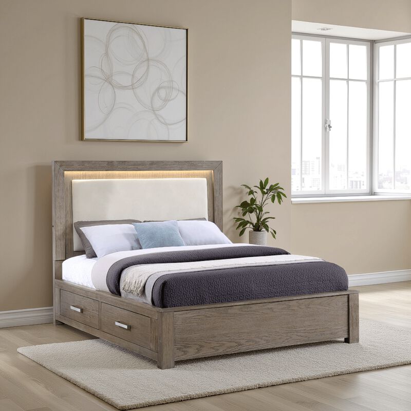 Keno Queen Bed, Upholstered LED Headboard, 4 Storage Drawers, Brown - Benzara