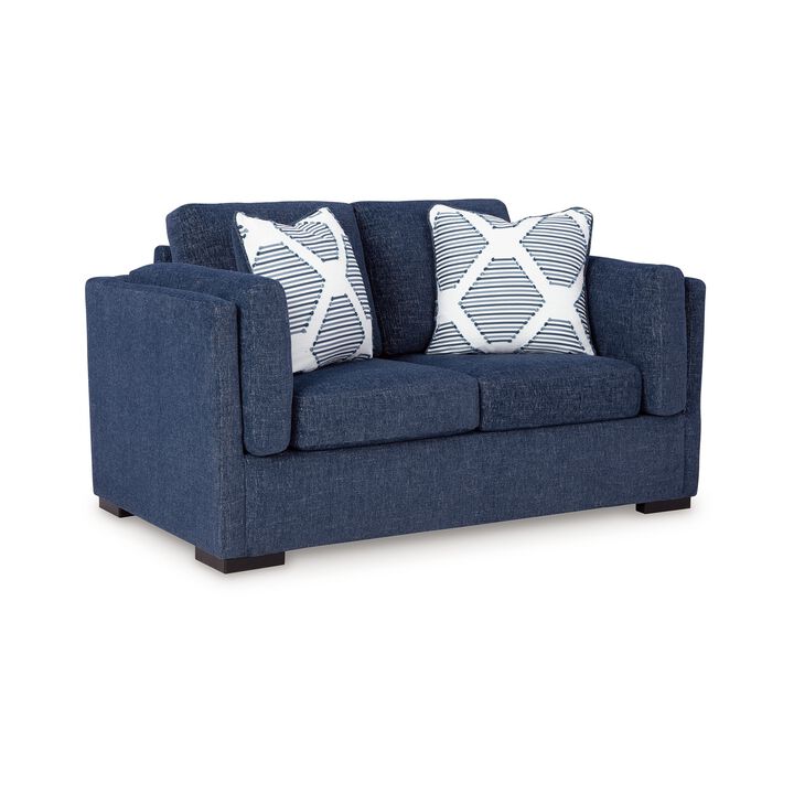 Marcy Loveseat with 2 Throw Pillows, Navy Blue Polyester 66 Inch - Benzara