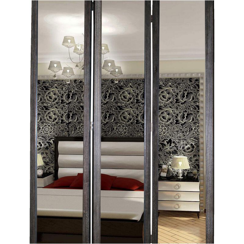 3 Panel Wooden Foldable Mirror Encasing Room Divider, Gray and Silver-Benzara image number 2