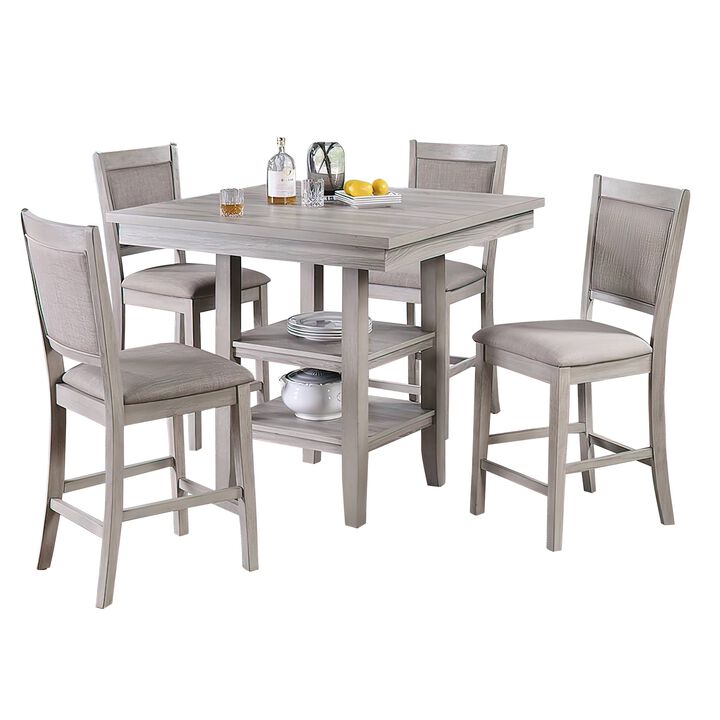 5 Piece Counter Height Dining Set, Table and 4 Chairs, Padded Seats, Gray - Benzara