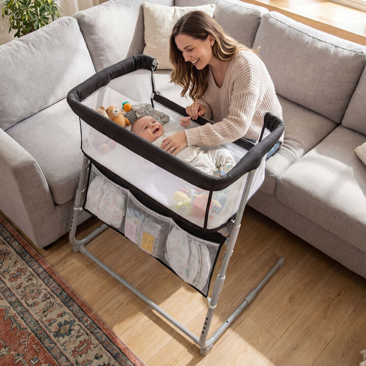 Baby Bedside Crib Bassinet with Adjustable Height and Comfortable Mattress