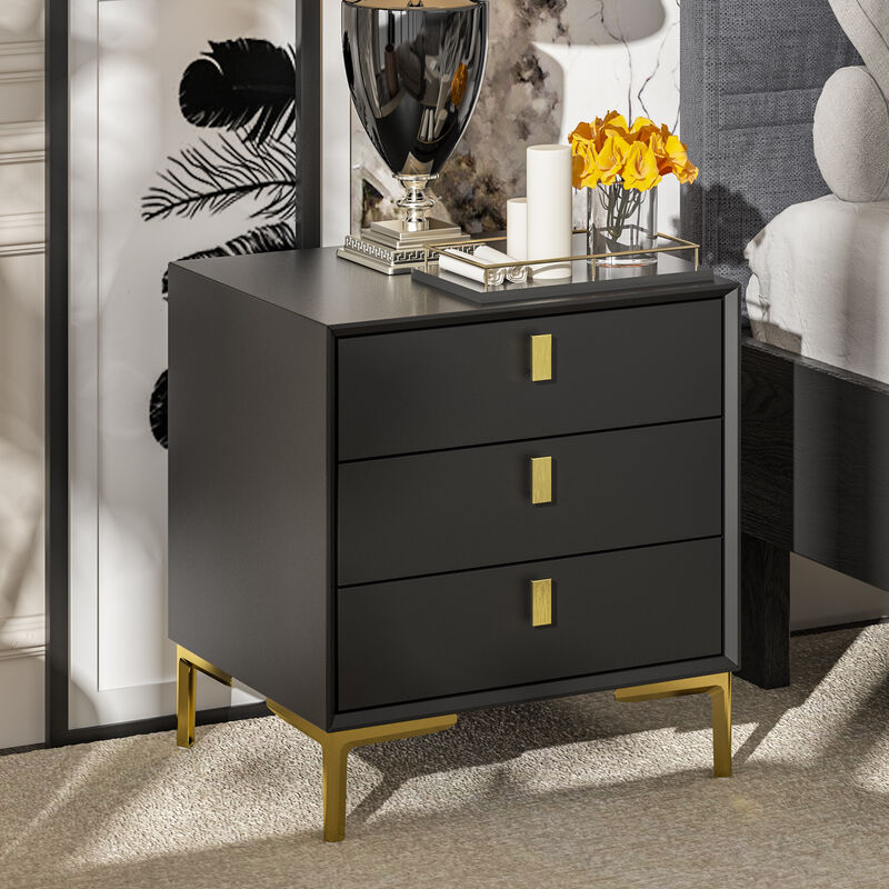 3-Drawer Black Nightstands Side End Table With Gold Metal Legs For Living Room, Bedroom