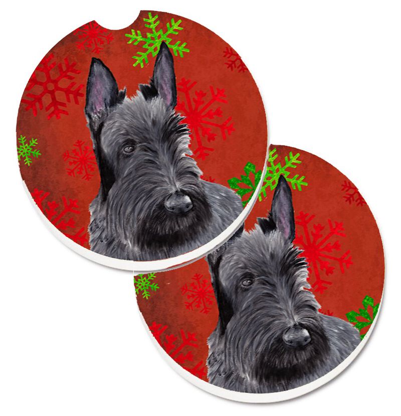 Caroline's Treasures Scottish Terrier Red & green Snowflakes Holiday Christmas Set of 2 Cup Holder Car Coasters SC9426CARC, 2.56, Multicolor