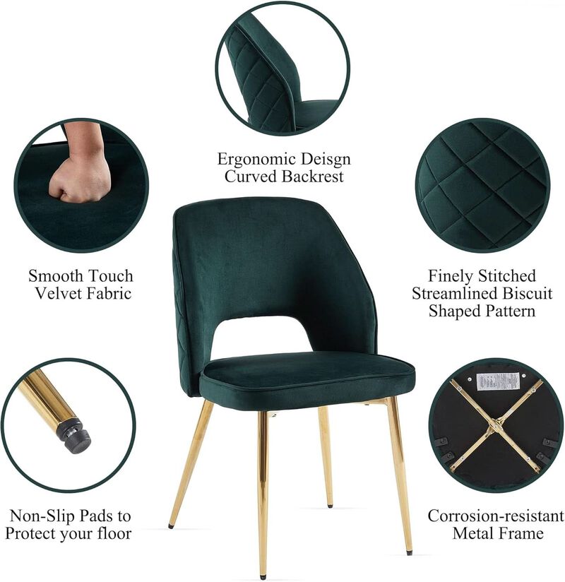 ShipItFurniture Forest Green Velvet Upholstered Dining Chairs - Set of 4, Gold Legs image number 6