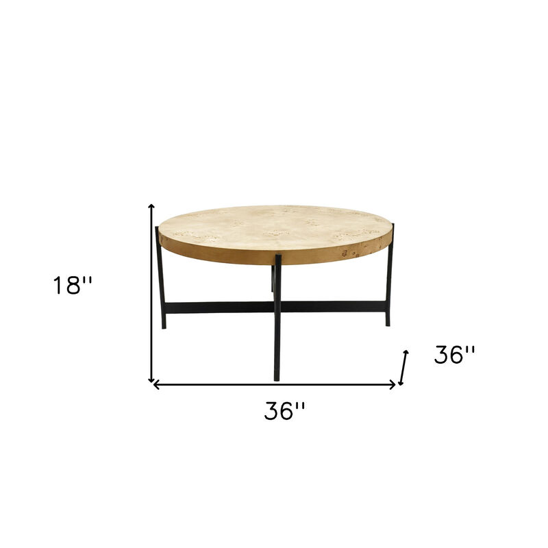 Hivvago 36 Inch Natural And Black Wood and Iron Round Coffee Table