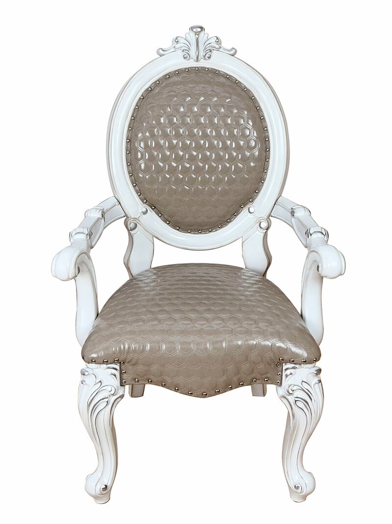 HomeRoots Set of Two Gray and White Upholstered Faux Leather And Solid Wood King Louis Back Dining Arm Chairs