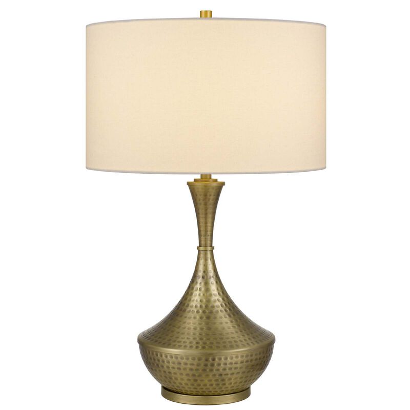 Table Lamp, White Linen Shade, Hammered Antique Brass Retro Hourglass Shape image number 2
