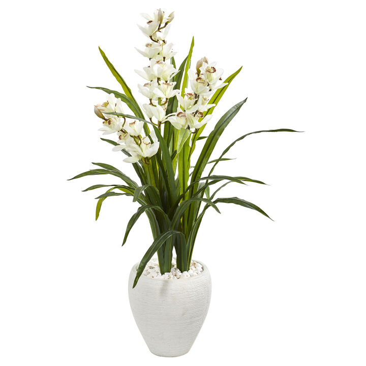 HomPlanti 4" Cymbidium Orchid Artificial Plant in White Planter