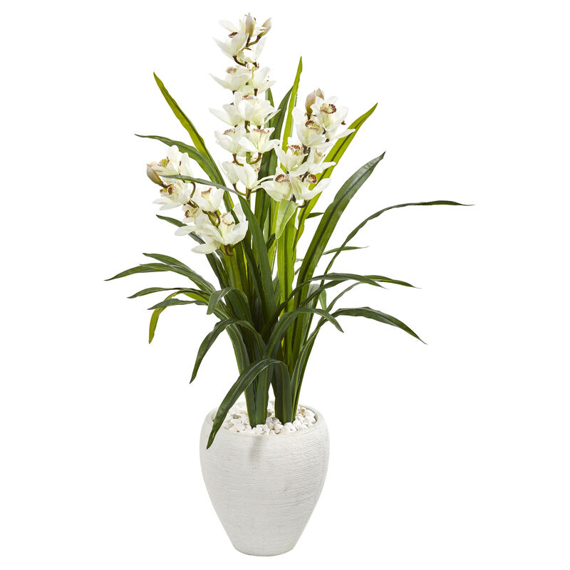 Hivvago 4" Cymbidium Orchid Artificial Plant in White Planter
