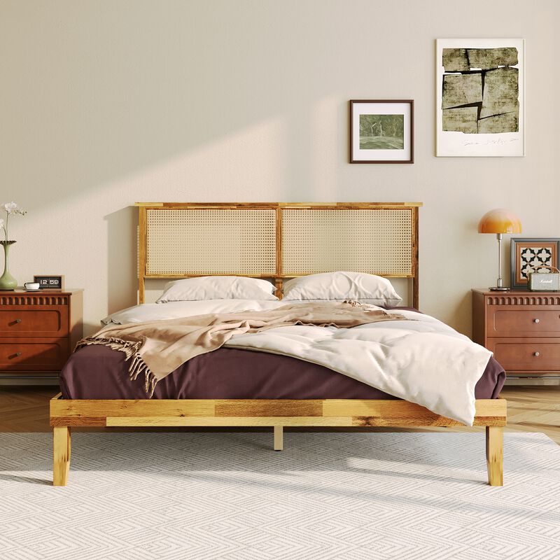 FUFU&GAGA Natural Solid Wood Bed Frame with Faux Hex Rattan Accent, Sturdy Acacia Platform Bed with Plywood Slats, No Box Spring Needed, Queen Size (82.6" L x 62" W x 41.1" H), Brown