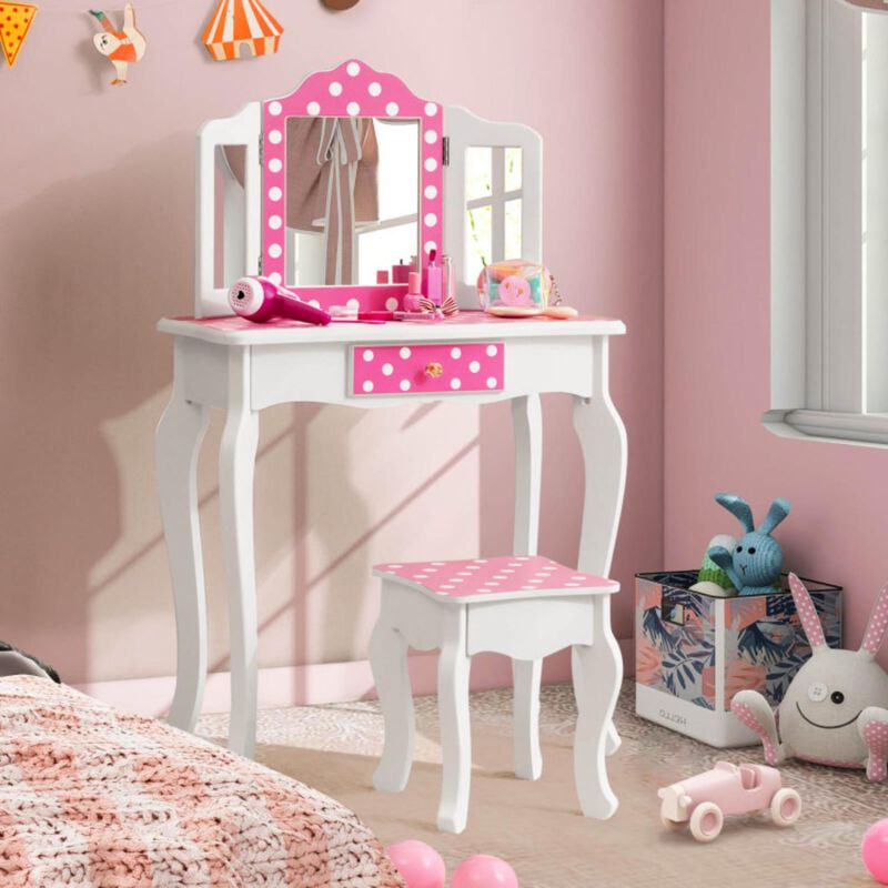 Hivvago Kids Vanity Table and Stool Set with Cute Polka Dot Print