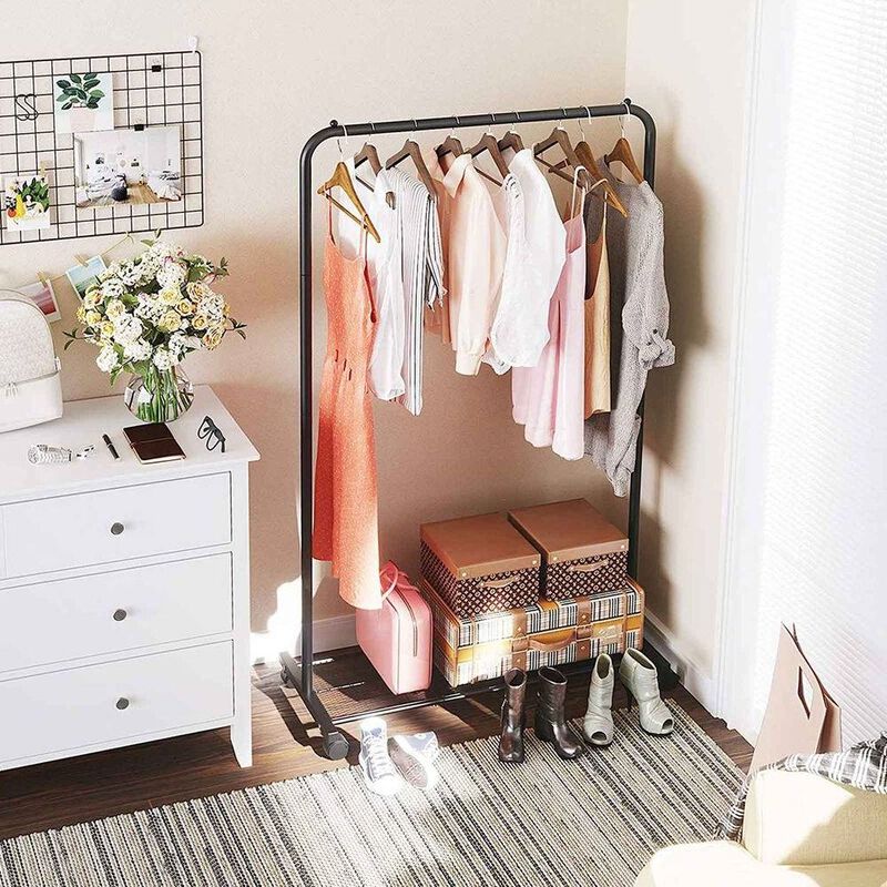 Rolling Steel Garment Rack with Bottom Mesh Shelf