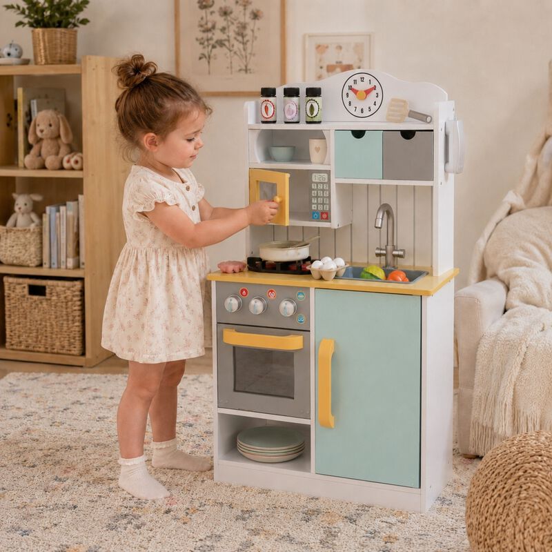 Teamson Kids Little Chef Florence Compact Wooden Play Kitchen with Oven, Microwave, Sink, Half Fridge, Clicking Knobs, Storage, 5 Accessories, Pretend Play Set image number 4