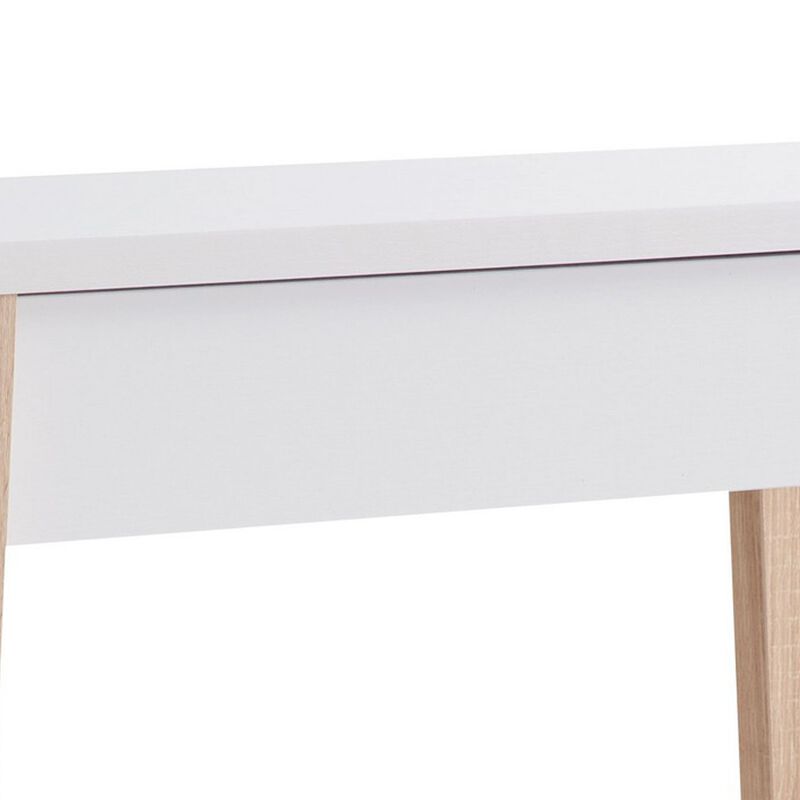 34 Inch Console Table with Drawer and Shelf, Tapered Legs, White, Brown-Benzara