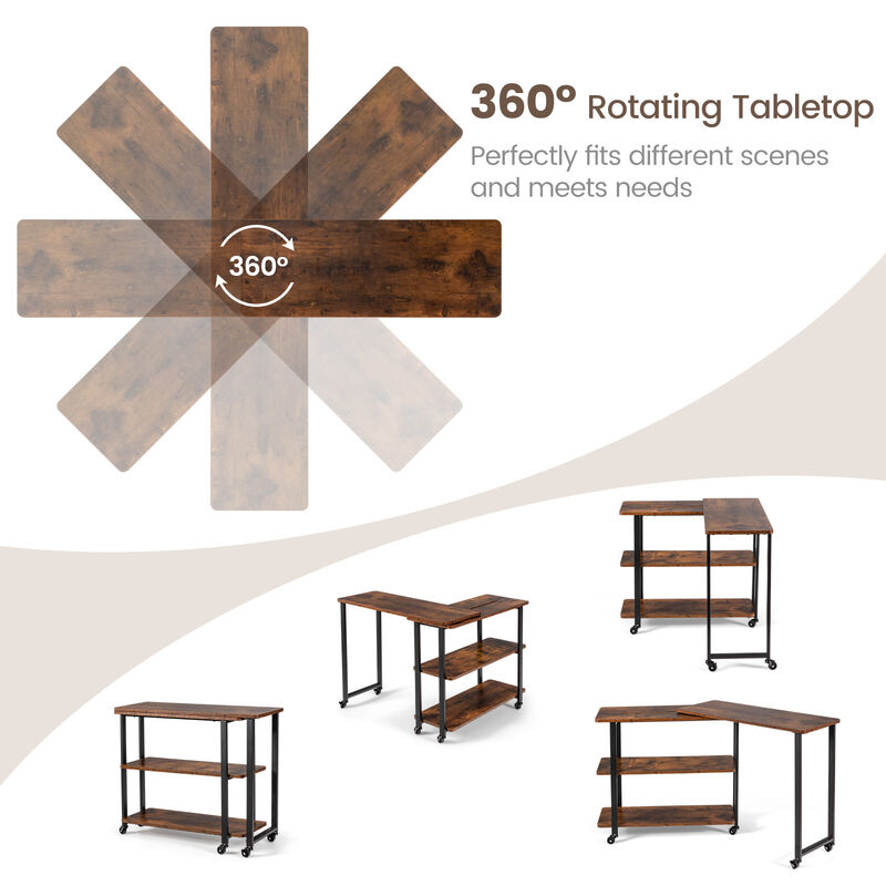 360� Rotating Sofa Side Table with Storage Shelves and Wheels