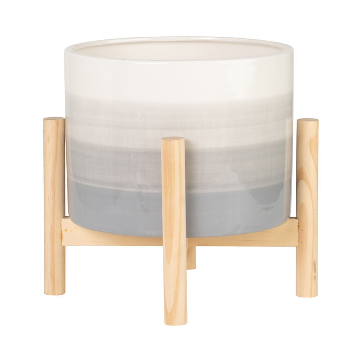 8" Ceramic Planter with Wood Stand, Beige Mix