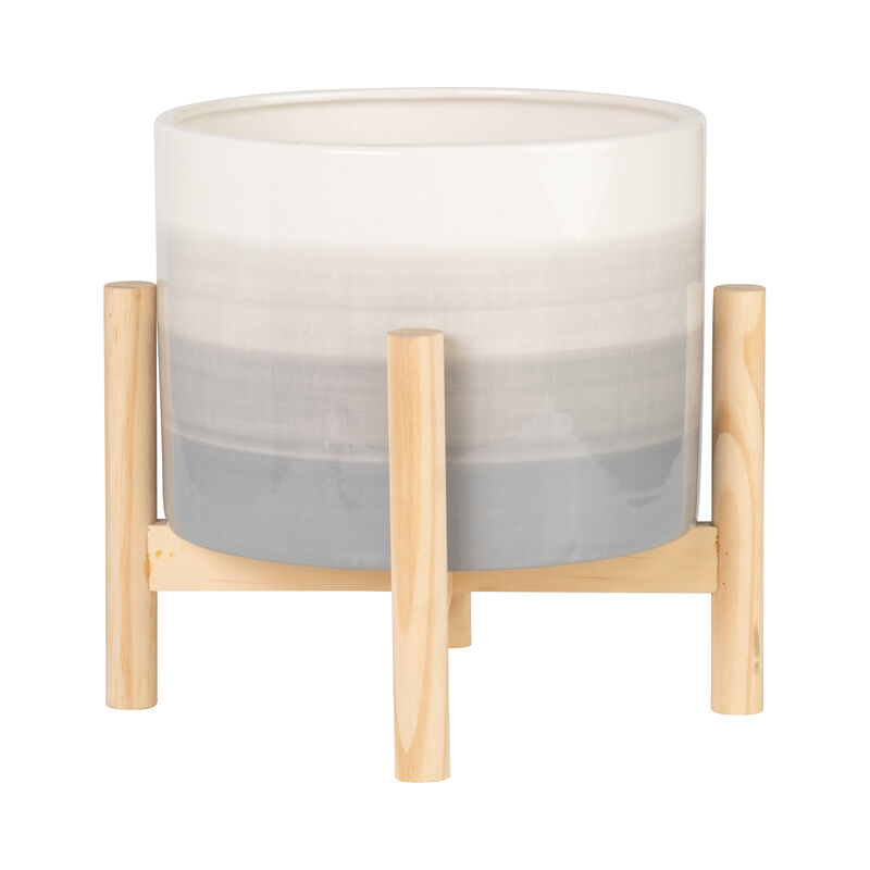 8" Ceramic Planter with Wood Stand, Beige Mix