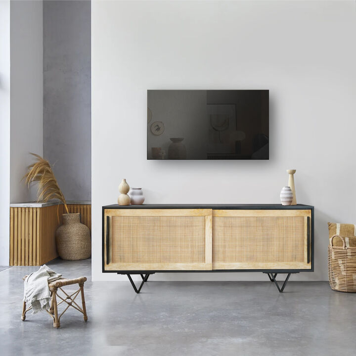 Handcrafted 60-Inch TV Media Console with Rattan Sliding Doors - Natural Brown And Matte Black Finish