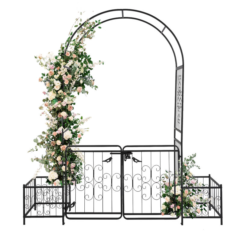 Iron Arch Arbor with Gate & Planter Frame, Outdoor Courtyard Trellis