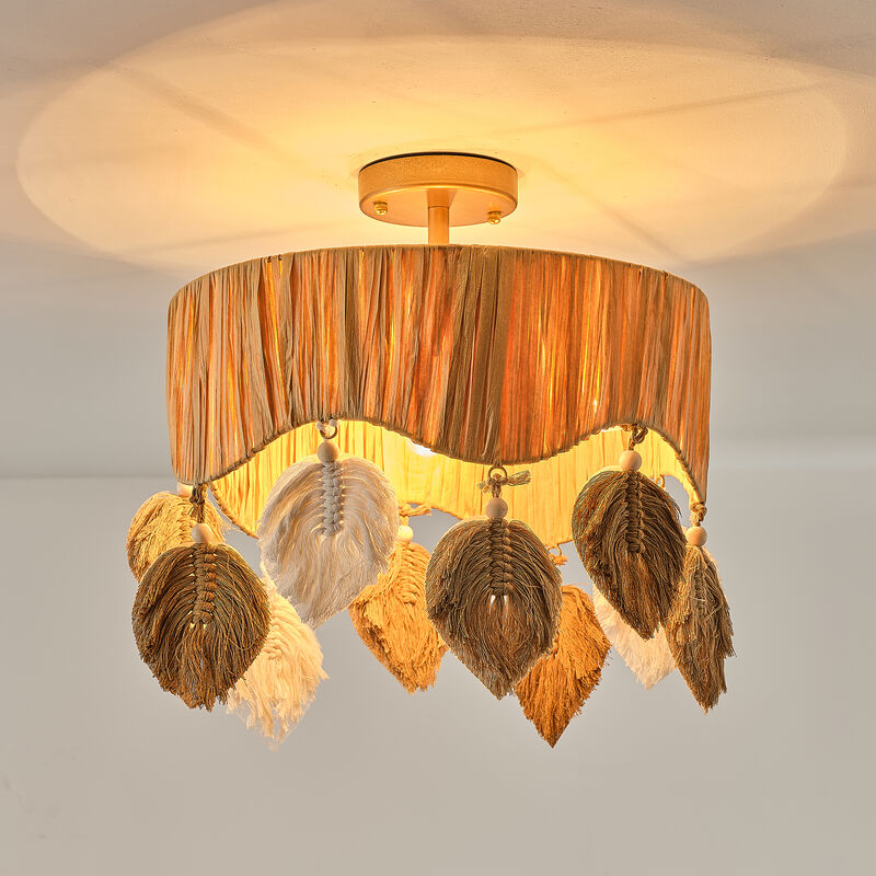 15.7" 4-Light Boho Antique Gold Handwoven Raffia Semi-Flush Mount Ceiling Light with Leaf-Shaped Cotton Cord Hanging Ornament for Bedroom, Living Room or Entryway image number 6
