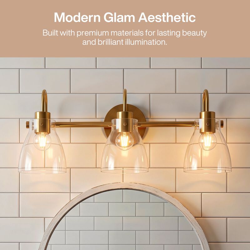 Brushed Brass Bathroom Vanity Light, Three-Light Clear Glass Shades image number 7